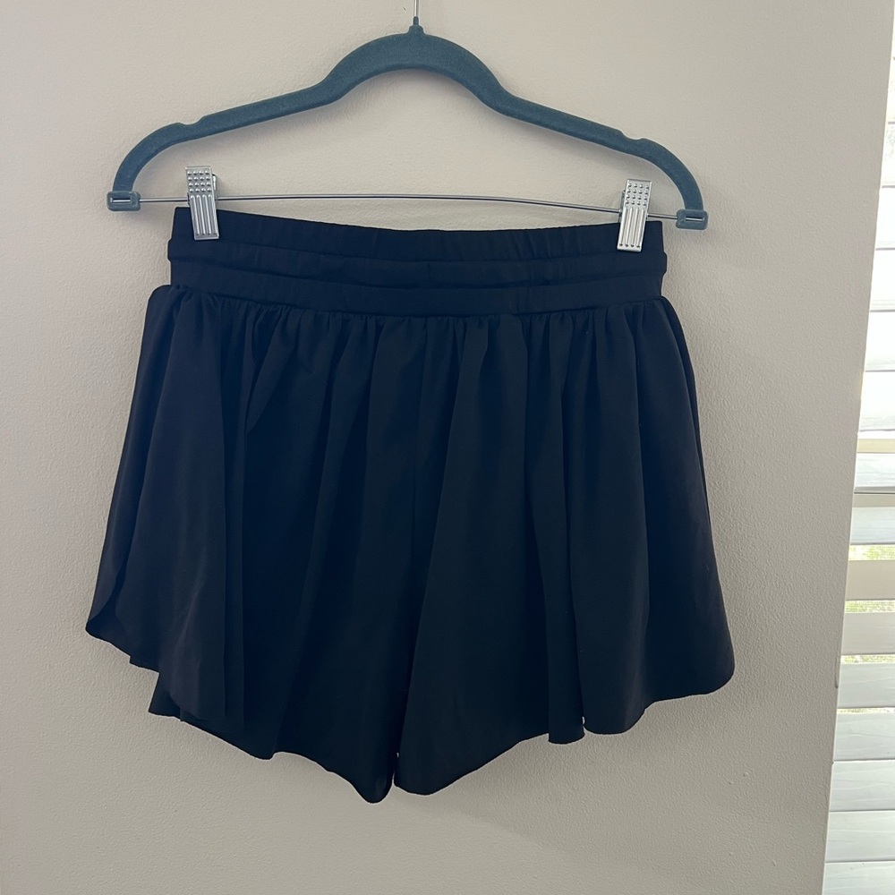 Black Skorts with Elastic Waistband and Pleated Overlay - Picture 1 of 3